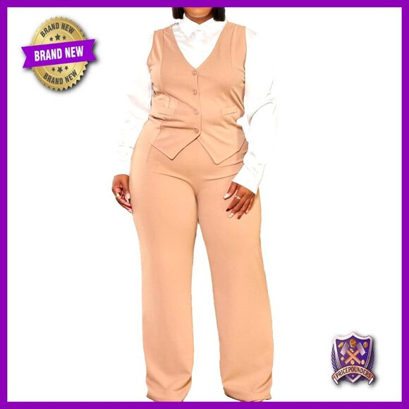Pants - Plus Size 2-Piece Vest Blazer Wide Leg Pants Suit Set Casual Dressy